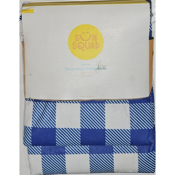 Sun Squad Easy Clean Tablecloth {round} 70" Blue and White Checkered - Picture 2 of 2